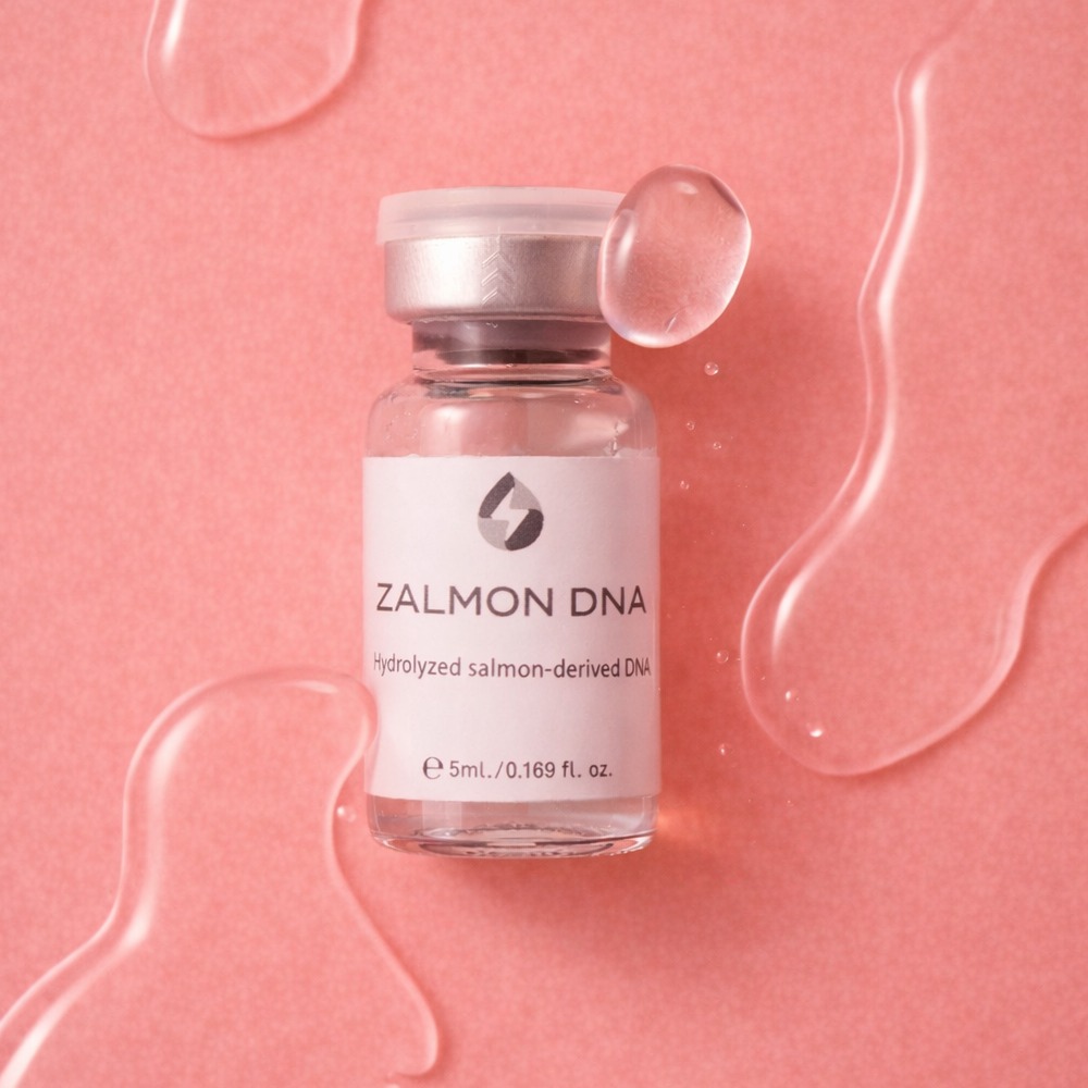 Ampulle mit ZALMON DNA vor rosafarbenem Hintergrund